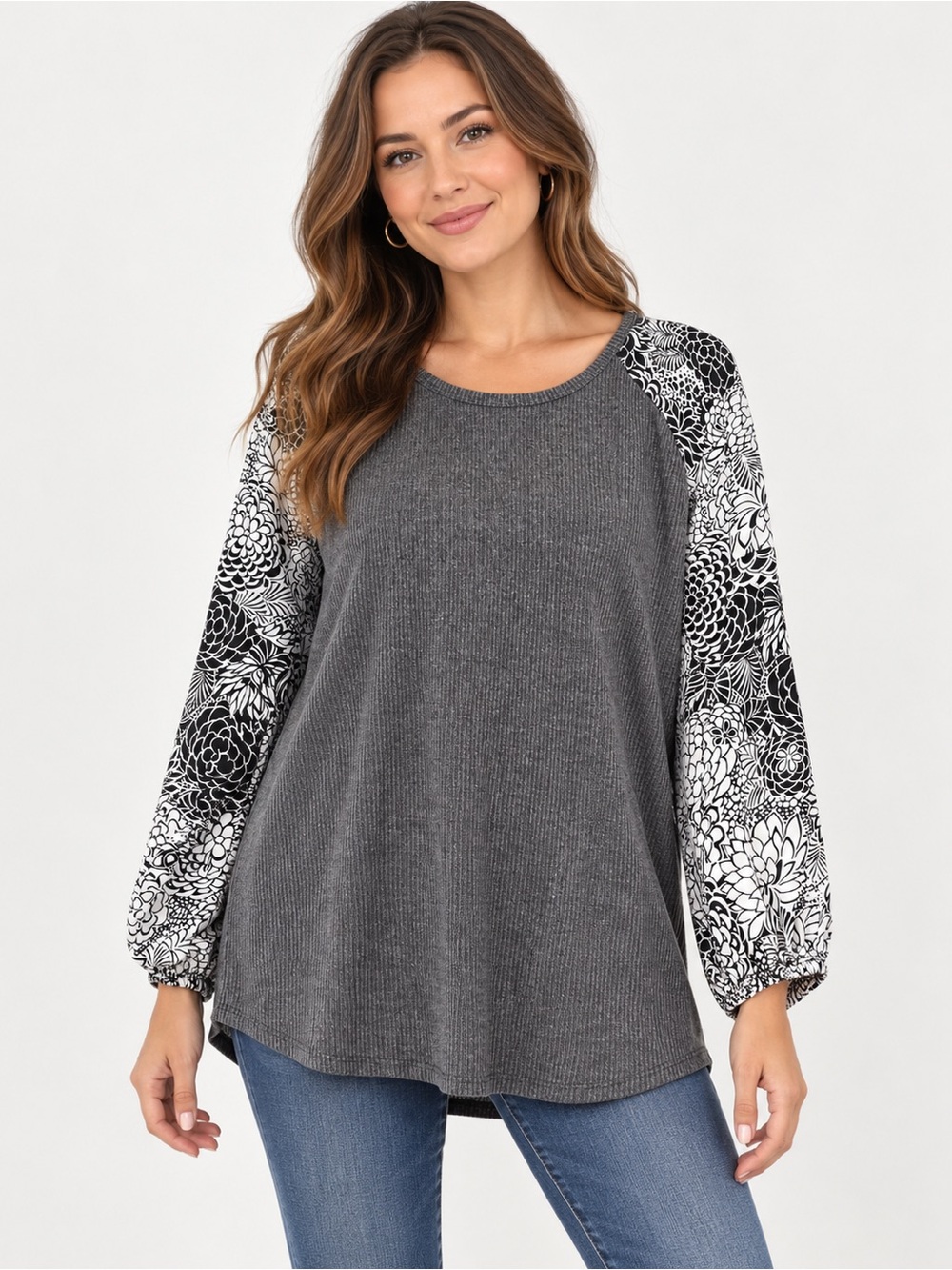 Cato Gray Knit Top with Black & White Floral Balloon Sleeves